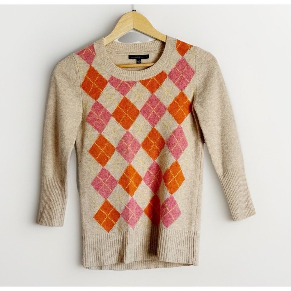 Gap Women’s Y2K Beige Lambswool Argyle Sweater Small Preppy 3/4 Sleeves